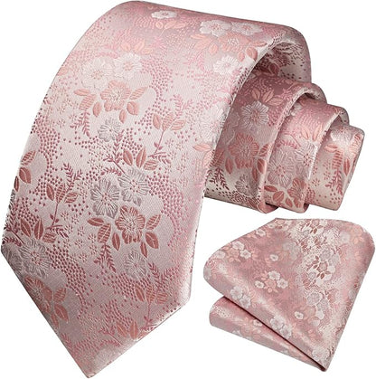HISDERN Men Floral Ties Woven Classic 3.4" Necktie Set Formal Tie Pocket Square for Wedding with Handkerchief Gift Box