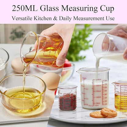 3 Piece Glass Measuring Cup Set, Includes 1/2-Cup, 1-Cup, and 2-Cup High Borosilicate Glasss Liquid Measuring Cups, Dishwasher, Freezer, Microwave, and Preheated Oven Safe, Essential Kitchen Tools