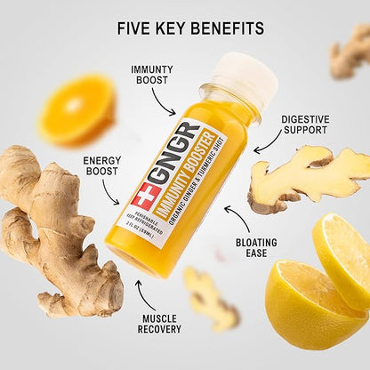 +GNGR Immunity Booster Organic Ginger and Turmeric Shot - Cold Pressed Ginger Shots with Turmeric, Cayenne Pepper, Orange, Lemon for All Natural Immune & Digestive Support 2 fl oz (Pack of 12)