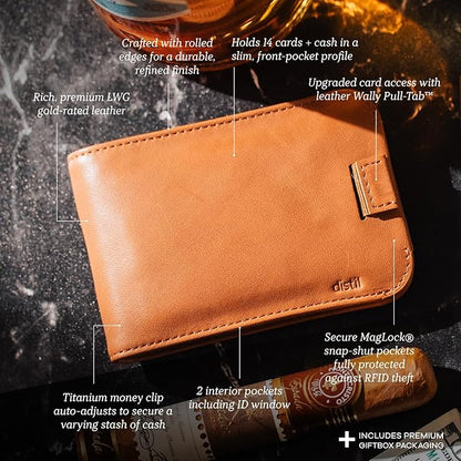 Distil Union Wally Bifold 5.0 Premium RFID Wallet with Titanium Money Clip - Slim Bifold Wallet for Men, Full Grain Leather, Minimalist RFID Card Holder - Holds 14 Cards & 30 Bills - Brown