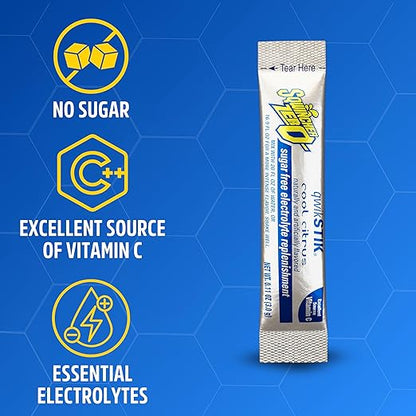 Sqwincher Zero Qwik Stik, Cool Citrus, Sugar Free, Low Calorie, Low Sodium Electrolyte Powder Hydration Drink Mix, .11 0z Packet (Pack of 50)
