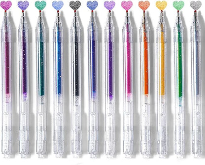 12 Colors Retractable Sparkle Glitter Gel Pens, 1mm Fine Point Refillable Metallic Gel Pens Sets for Kids Adult Coloring, Cards Making, Journaling, Highlighting, Art Projects, Gift for Christmas