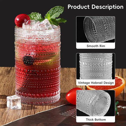 Moretoes Hobnail Drinking Glasses Set of 16, 12 Oz Highball Glasses & 10 Oz Cocktail Glasses, Clear Embossed Boho Glass Cups Kitchen Bar Tumbler Glassware Set for Whiskey, Beer, Juice, Milk (Clear)