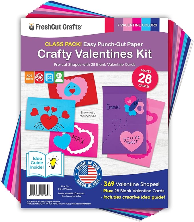 397-Piece Valentine’s Day Punch-Out Paper Craft Kit for Kids, Precut Cardstock Shapes for DIY Valentine Cards, Classroom Exchange, Gift Tags, Party Crafts & Card Making