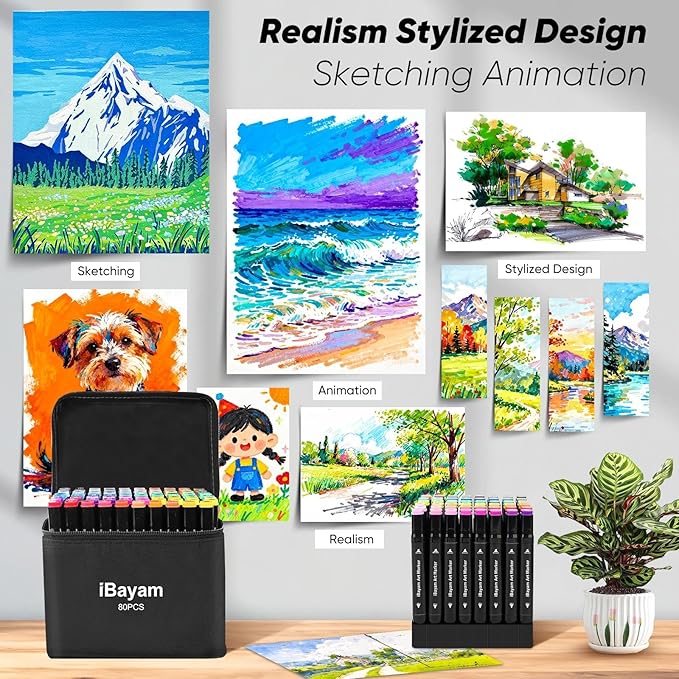iBayam Alcohol Markers 48 Colors with Case & Holder, Dual Tips Chisel & Fine Art Markers for Adult Coloring Kids Drawing
