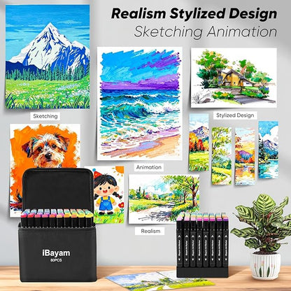 iBayam Alcohol Markers 80 Colors with Case & Holder, Dual Tips Chisel & Fine Art Markers for Adult Coloring Kids Drawing