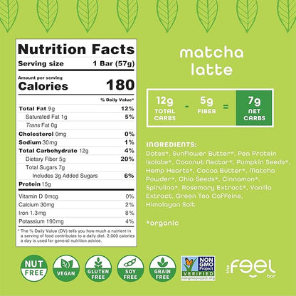 Feel Vegan Protein Bars | Matcha Latte | Keto | Gluten Free | Organic | 15g Plant Protein | Low Carb | High Protein | Dairy Free | Low Sugar | Nut, Grain, Soy Free | Non GMO | 10 Pack