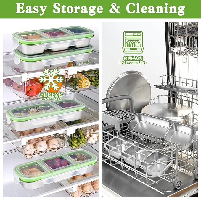 UPTRUST Reusable Stainless Steel Snack Containers with Lids – 2-Compartment and 3-Compartment Leak-Proof Designs for Take-Out Condiments and On-the-Go Snacks