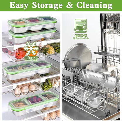 UPTRUST Reusable Snack Containers with Lids, 2pcs Stainless Steel 3-Compartment Snack Box, Divided and Leak-Proof Design for Take-Out Condiments and On-the-Go Snacks