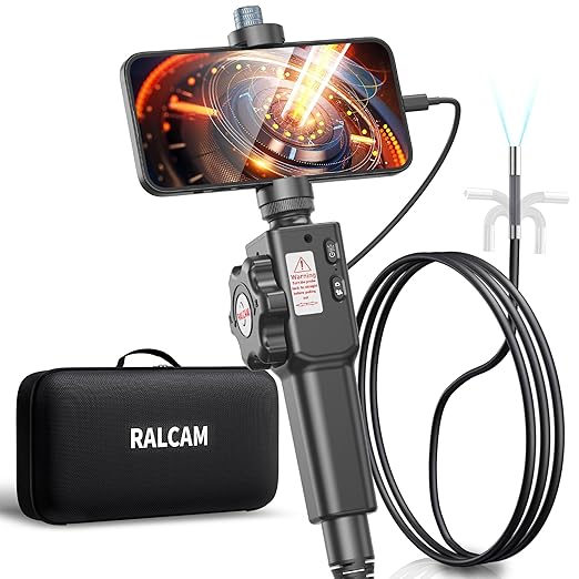 Two-Way Articulating Borescope for iPhone & Smartphone, Ralcam 5.5mm/0.21in Endoscope Camera with Light, HD Inspection Snake Camera with Battery for Engine, Pipe, HVAC Inspection