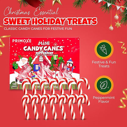 Christmas Candy Mini Canes Stocking Stuffer Red and White Peppermint Sticks Candy Canes Individually Wrapped Bulk Christmas Candy for Décor, Parties & Gifts – 100 Count