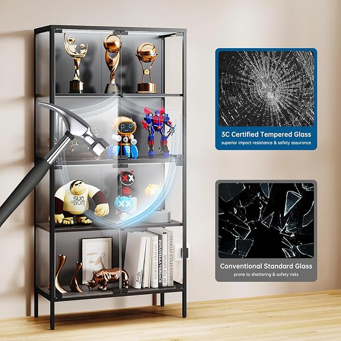 65" Glass Display Cabinet with 3-Color LED Light, Tempered Glass Display Case with 4-Tier Shelves, Metal Frame Curio Storage Cabinet for Collectibles, Figures, Awards, Book, Toy, Black