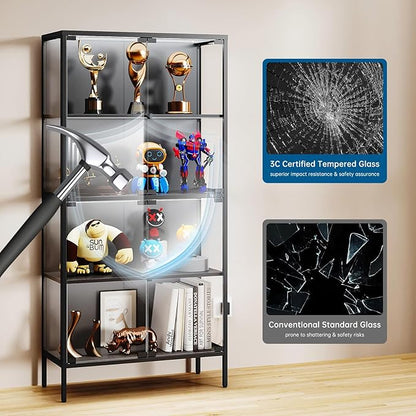 65" Glass Display Cabinet with 3-Color LED Light, Tempered Glass Display Case with 4-Tier Shelves, Metal Frame Curio Storage Cabinet for Collectibles, Figures, Awards, Book, Toy, Black
