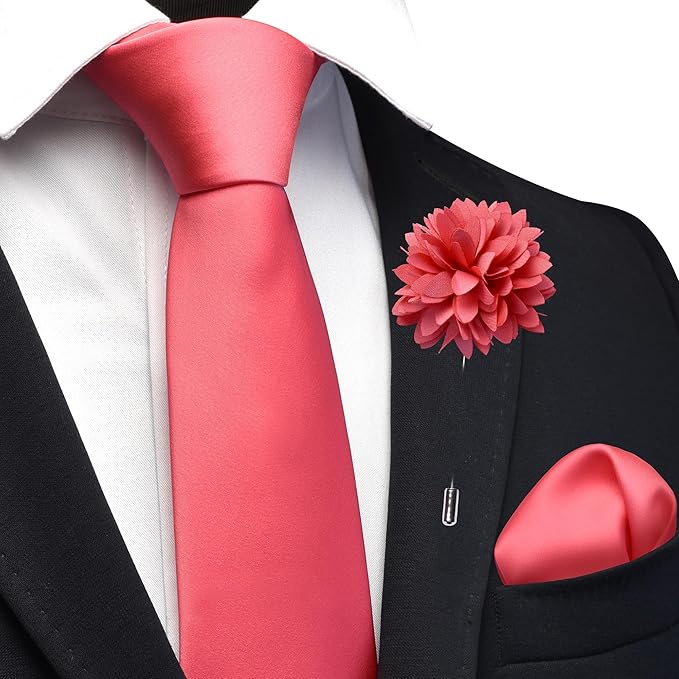 Branduce 3.15"（8cm） Pre-tied Adjustable Zipper Tie and Lapel Pin Solid Necktie Handkerchief Set for Men