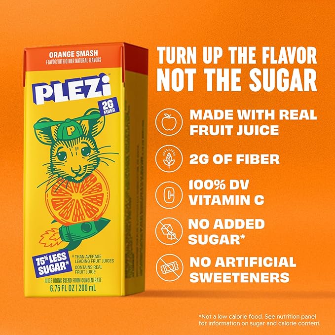 PLEZi Fruit Juice Boxes For Kids, Orange Smash – Low Sugar Drinks with Dietary Fiber, Healthy Vitamin C, and Potassium Electrolytes – 6.75 Fl Oz (Pack of 32)