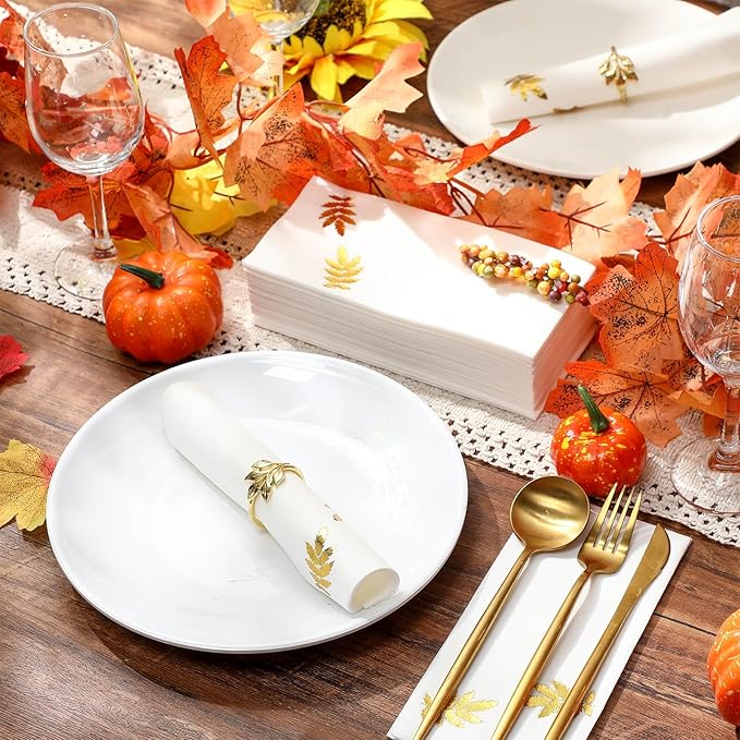 Janlaugh 100 Pcs Gold Thanksgiving Linen Disposable Bathroom Hand Towels Pumpkin Maple Leaves Foil Stamped Guest Napkins 12"x17" Paper Towels for Bathroom Home Lunch Dinner Kitchen(Leaf)