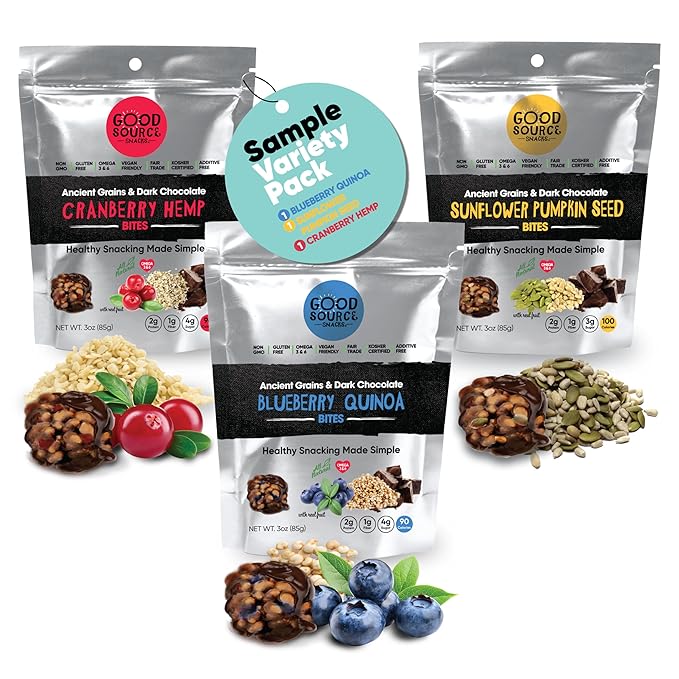 Good Source Snacks Dark Chocolate Bites & Ancient Grains, Sample Variety 3 Pack, 3 oz, Cranberry Hemp, Blueberry Quinoa, Sunflower Pumpkin Seed, Vegan, Gluten Free, Non GMO, Kosher