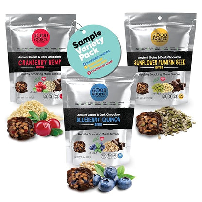 Good Source Snacks Dark Chocolate Bites & Ancient Grains, Sample Variety 3 Pack, 3 oz, Cranberry Hemp, Blueberry Quinoa, Sunflower Pumpkin Seed, Vegan, Gluten Free, Non GMO, Kosher