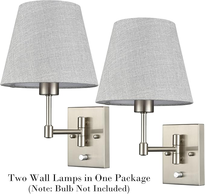 SAMTEEN Swing Arm Wall Sconces Set of Two Plug in Wall Lamp with Grey Fabric Shade and On Off Switch Wall Light for Bedside Living Room Hallway, Brushed Nickel Finish