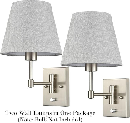 SAMTEEN Swing Arm Wall Sconces Set of Two Plug in Wall Lamp with Grey Fabric Shade and On Off Switch Wall Light for Bedside Living Room Hallway, Brushed Nickel Finish
