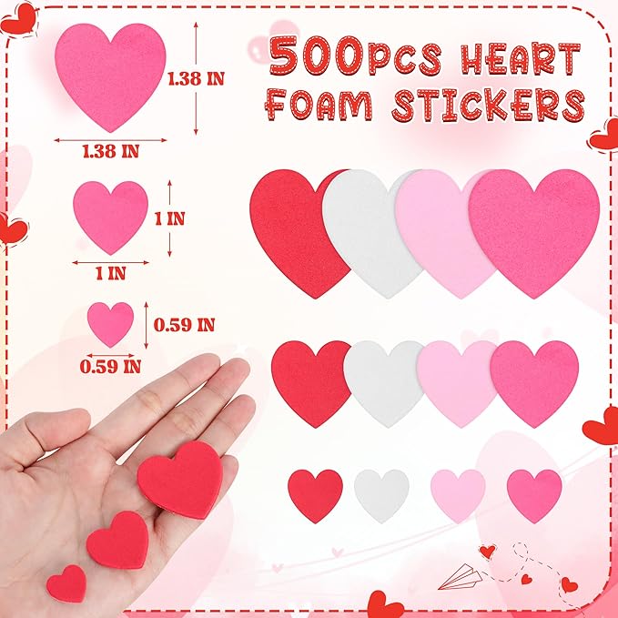 500pcs Foam Valentines Stickers, Self Adhesive Heart Sticker Valentines Decor, Matte Valentine Crafts for Little Ones Favor Supplies, Colorful Valentine Crafts DIY Card Envelopes Decorations