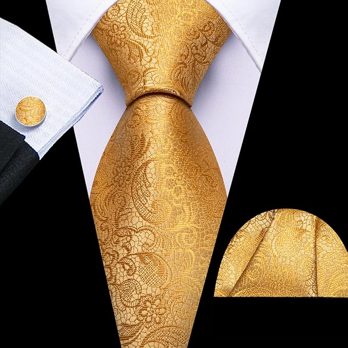 Barry.Wang Tie Sets for Men Silk Solid Necktie Stain Ties Handkerchief Pocket Square Cufflinks Wedding Business Dyed