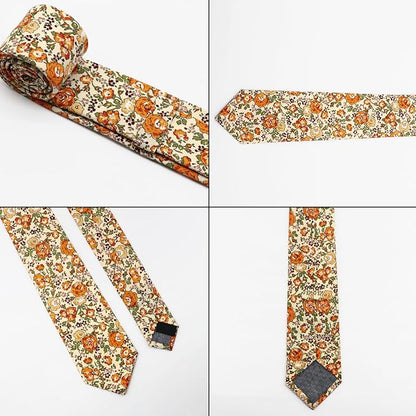 Cotton Floral Ties for Men 2.76" Men's Skinny Tie Linen Flower Printed Neck Tie for Wedding Dating Party