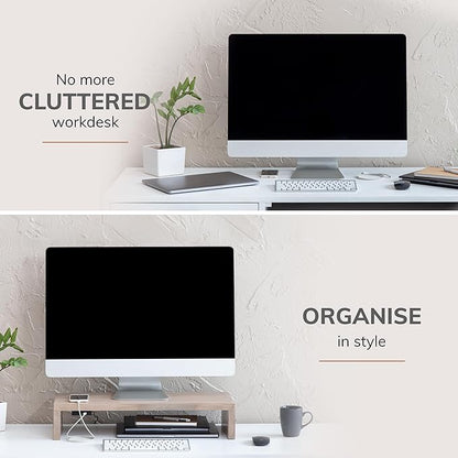 Anji Mountain Wooden Monitor Stand - Elegant Monitor Riser, Perfect Monitor Stand for Desk Organization, Durable Wood Construction monitor stands, Enhances Ergonomics and Workspace Efficiency,Biscotti