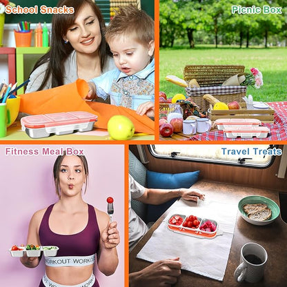 4 Pack Stainless Steel Snack Containers, 3 Compartment Metal Snack Container with Lids, Stackable Leak Proof Lunch Box for Home, Camping, Office,Work(3 Grid Lunch Box)