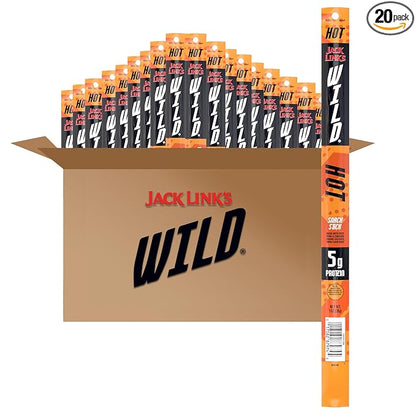 Jack Link's WILD Snack Sticks, Hot Spicy - Protein Snack Sticks with 5g of Protein per Serving, Great Stocking Stuffers and Gifts, Keto Friendly, Individually Wrapped - 1.0 Oz. (Pack of 20)