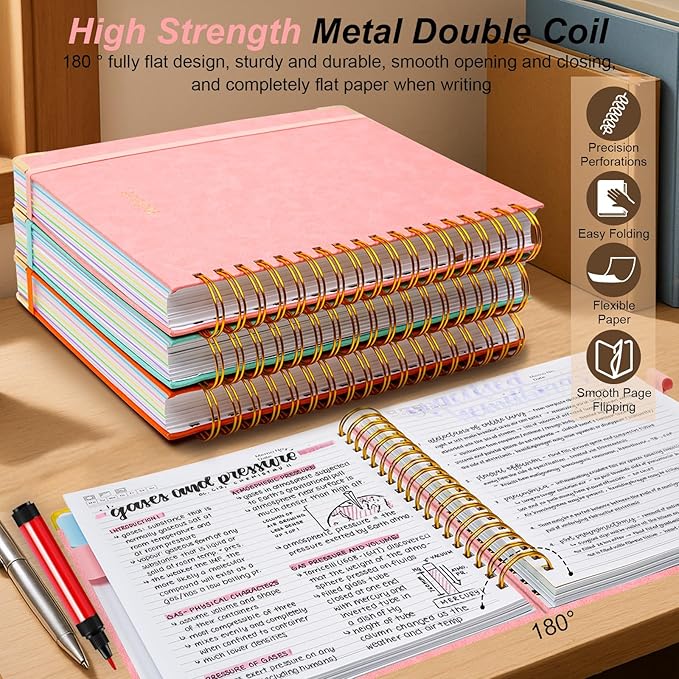 Hardcover Spiral Notebook 8.5"x11" Journal Notebook with Tabs and Removable Dividers 300 Pages 5 Subject Notebook College Ruled, Faux Leather Spiral Bound Notebook for Women School Work(Pink)