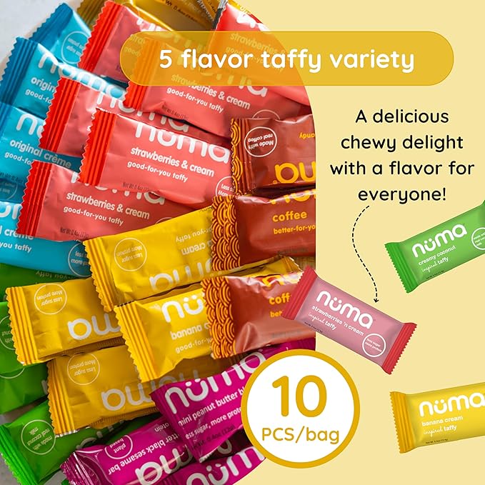 Numa Foods Assorted Nutritious Taffy Candy - 1.45 lb bulk, High Protein, Low sugar - 4 Flavor Chewy and Creamy Variety, All Natural, Individually Wrapped