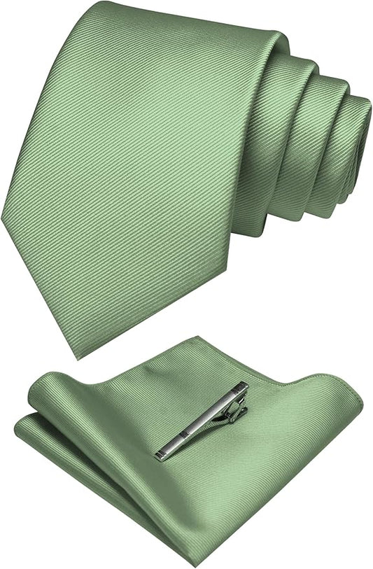 JEMYGINS Solid Color Formal Necktie and Pocket Square Tie Clip Sets for Men