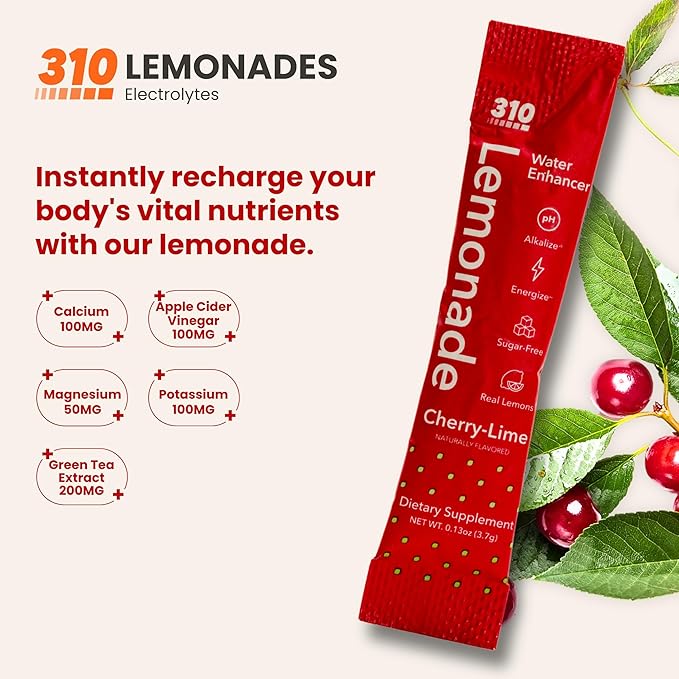 310 Nutrition Electrolyte Lemonade Powder No Sugar - Cherry Lime Water Flavoring Packets - Hydration & Energy Drink Mix - Low Calorie Water Enhancer - 30 Singles - Made in The USA