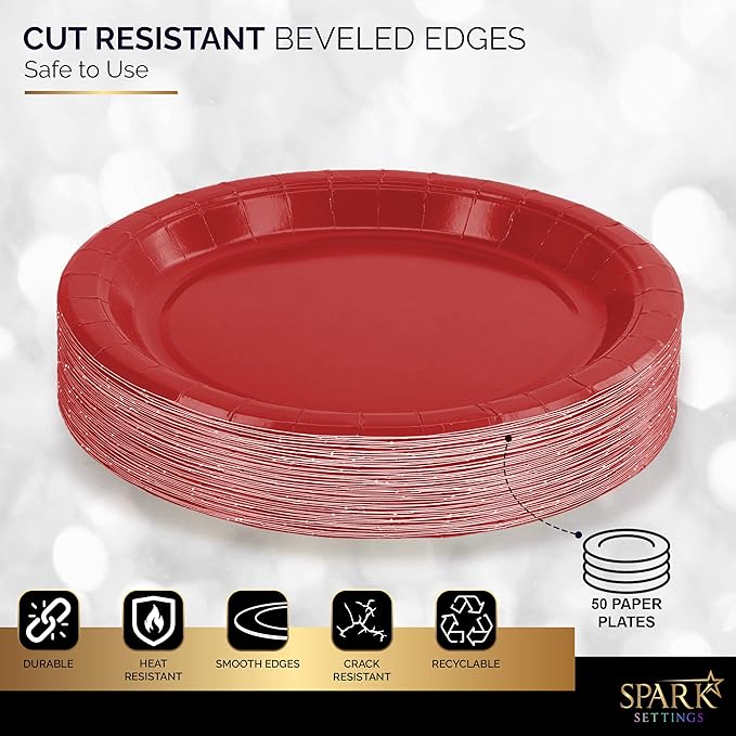 Disposable Paper Plates Red, 6 3/4 Inches Paper Dessert Plates, Strong and Sturdy Disposable Plates for Party, Dinner, Holiday, Picnic, or Travel Party Plates, Pack of 50