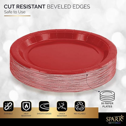 Disposable Paper Plates Red, 6 3/4 Inches Paper Dessert Plates, Strong and Sturdy Disposable Plates for Party, Dinner, Holiday, Picnic, or Travel Party Plates, Pack of 50