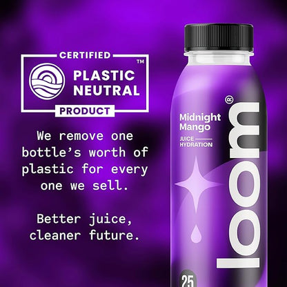 Midnight Mango Juice Drinks by Loom, Low Sugar Juice, Real Fruit, No Added Sugar, 30 Calories, Vegan, Gluten Free, 12 oz bottles, 12 pack