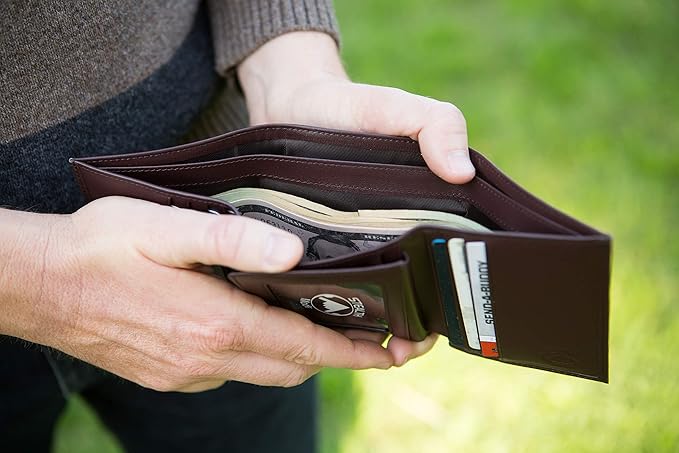 Stealth Mode Leather Trifold RFID Wallet For Men With Flip Out ID Holder (Brown)
