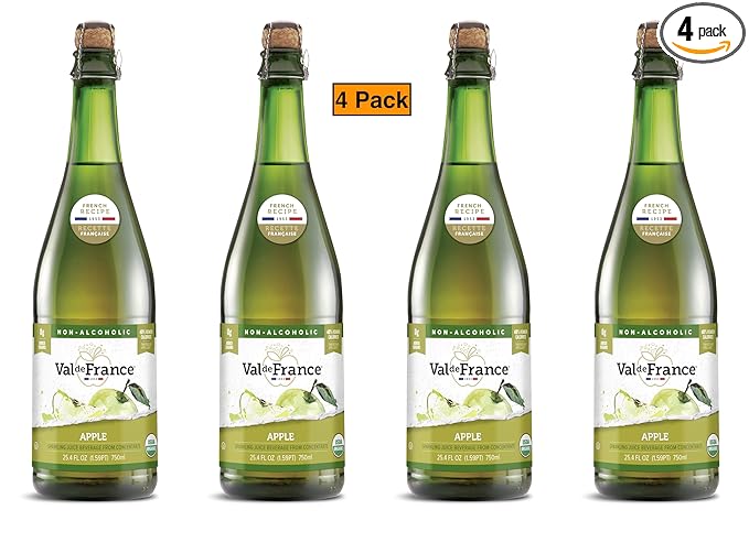 Val de France, Non-Alcoholic, Reduced Calorie, Organic and OU Kosher Sparkling Juice (Apple), 25.4 Fl Oz (Pack of 4)
