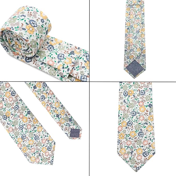 Cotton Floral Ties for Men 2.76" Men's Skinny Tie Linen Flower Printed Neck Tie for Wedding Dating Party