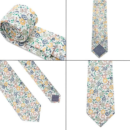 Cotton Floral Ties for Men 2.76" Men's Skinny Tie Linen Flower Printed Neck Tie for Wedding Dating Party
