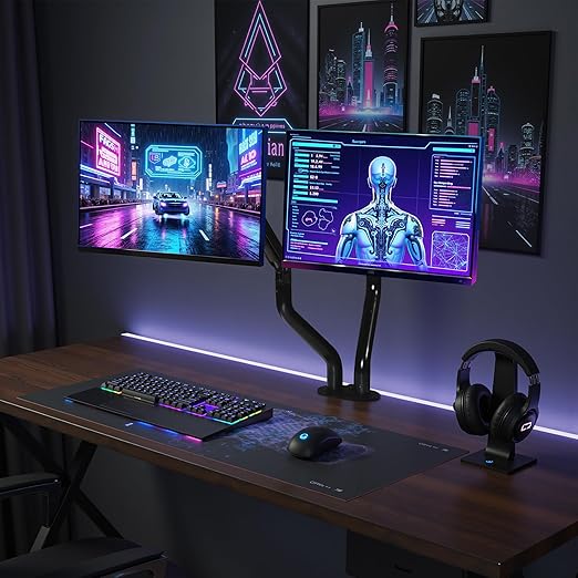 Okak Dual Monitor Stand for Desk Dual Monitor Arm Mount Computer for VESA Mounting Holes 75 and 100mm, 15 to 27 Inch Screens Stand Up to 26.4lbs, Office Desk Accessories, Black