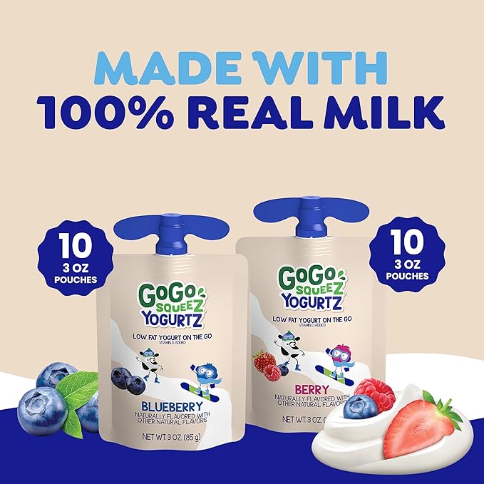 GoGo squeeZ yogurtZ Variety Pack, Blueberry & Berry, 3 oz (Pack of 20), Kids Snacks Made from Real Yogurt and Fruit, No Fridge Needed, Gluten Free, Nut Free, Recloseable Cap, BPA Free Pouches
