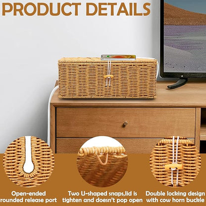 Cable Management Box, Handmade Imitation Rattan Cord Cable Organizer, Open Slots Cords Hider Box, Under Desk Cord Organizer for Computer Router USB Hub & Power Strip