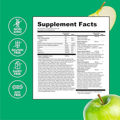 Zena Nutrition Organic Super Greens Energy & Hydration Powder, 70+ Superfoods, 0 Sugar, 5G Fiber, Spirulina, Chlorella, Prebiotics/Probiotics, Natural Caffeine + Electrolytes, 40 Drink Mix Packets