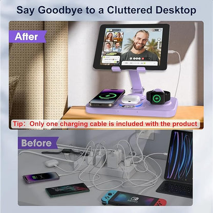 30W Charging Station for Apple Products, Foldable Wireless Charger with Clock Display&7 Color Light, Wired Charging for iPad/Tablet Charging Station for iPhone17, for Apple Watch11 for AirPods4(Purple