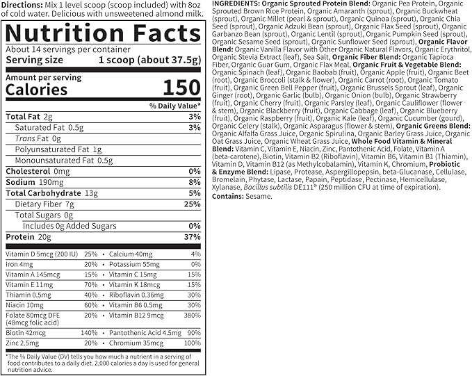 Garden of Life Meal Replacement Shakes, Raw Organic, Vanilla Protein Powder with Plant Based Pea Protein, Sprouts, Greens, Probiotics, Dairy Free 14 Servings