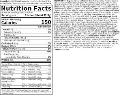 Garden of Life Meal Replacement Shakes, Raw Organic, Vanilla Protein Powder with Plant Based Pea Protein, Sprouts, Greens, Probiotics, Dairy Free 14 Servings