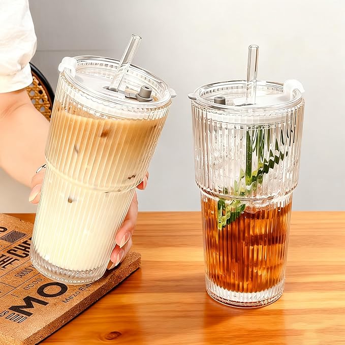 20oz Ribbed Glass Cups with Lids and Straws - 2PCS Glassware Set, Tumbler with Straw and Lid Iced Coffee Cups for Juice, Bubble Tea, Cold Brew, Soda