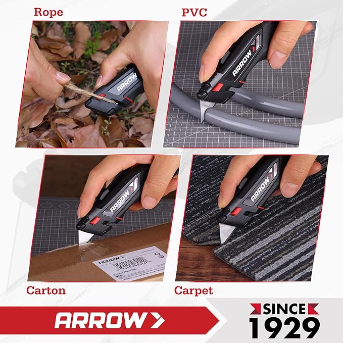 ARROW Retractable Utility Knife, Quick-Change Box Cutter with Blade Storage Design, Twine Cutter, Heavy Duty Aluminum Razor Knife with TPE Comfortable Handle, 15 Extra Blades Included
